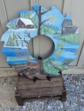 Vintage 20" Hand Painted Wooden Saw Blade Wall Art - Four Seasons Cabins Rustic